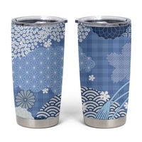 Blue Palaka Japanese Patterns Tumbler Cup Asanoha Seigaiha Sakura Motif - Polynesian Pride