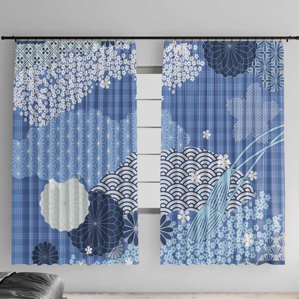 Blue Palaka Japanese Patterns Window Curtain Asanoha Seigaiha Sakura Motif LT14 With Hooks Blue - Polynesian Pride