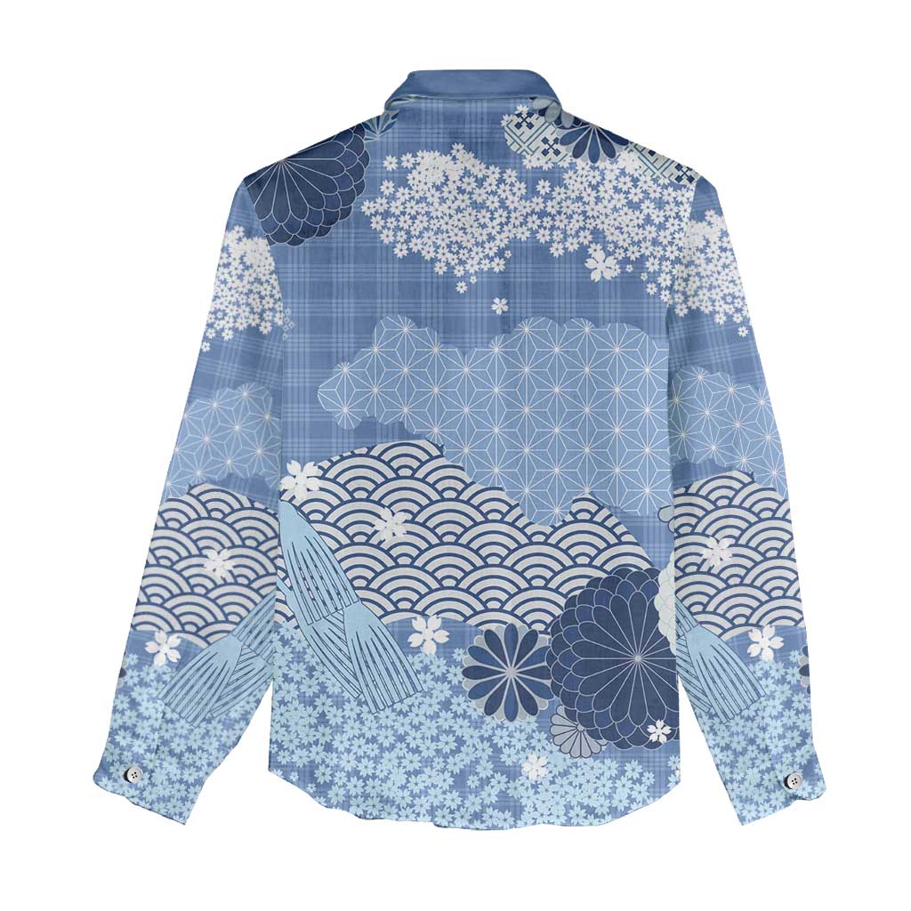 Blue Palaka Japanese Patterns Women Casual Shirt Asanoha Seigaiha Sakura Motif - Polynesian Pride