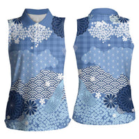 Blue Palaka Japanese Patterns Women Sleeveless Polo Shirt Asanoha Seigaiha Sakura Motif - Polynesian Pride