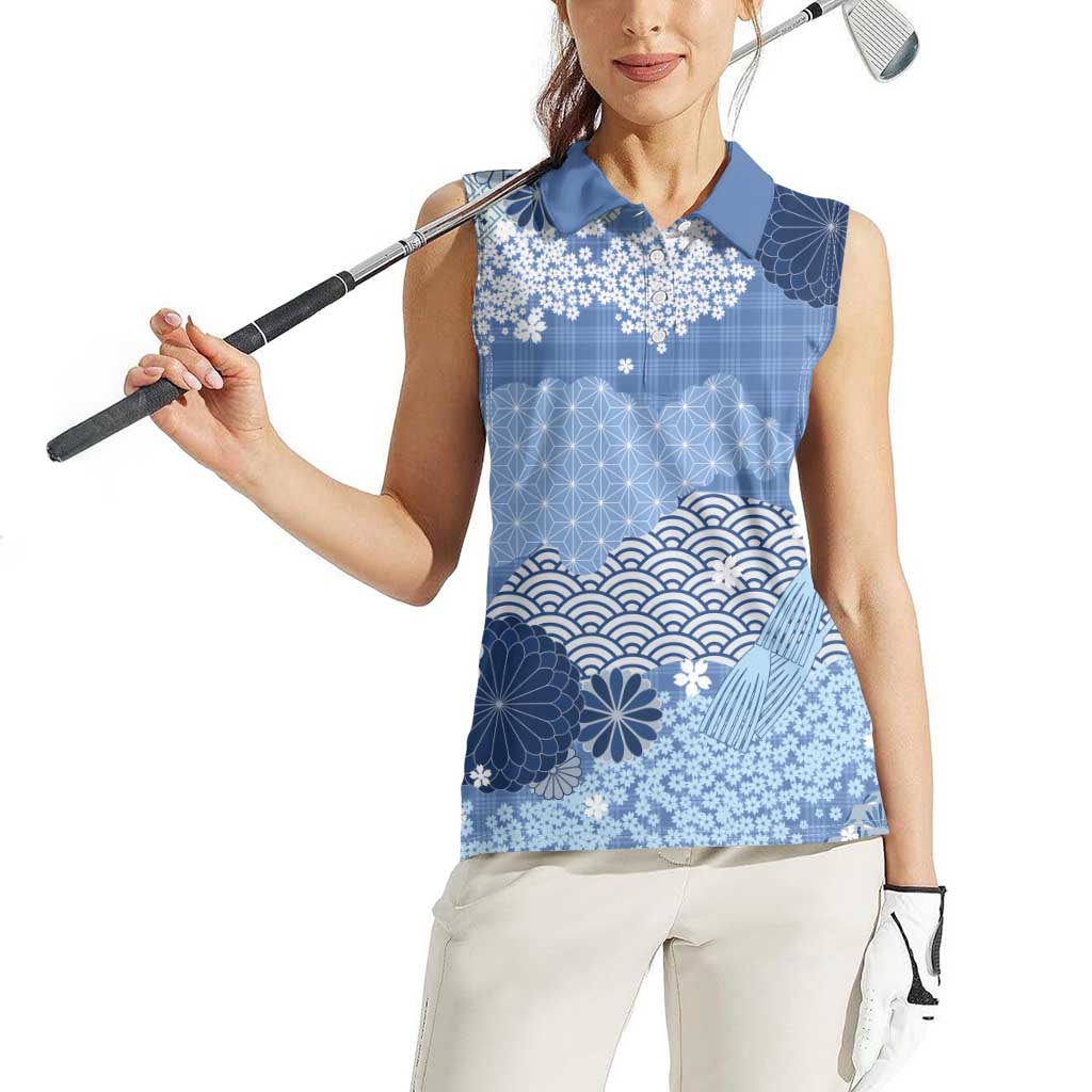 Blue Palaka Japanese Patterns Women Sleeveless Polo Shirt Asanoha Seigaiha Sakura Motif - Polynesian Pride