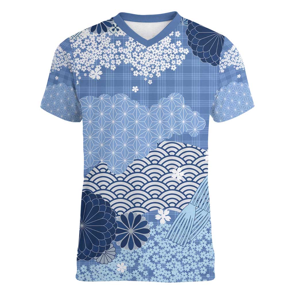 Blue Palaka Japanese Patterns Women V-Neck T-Shirt Asanoha Seigaiha Sakura Motif LT14 Female Blue - Polynesian Pride