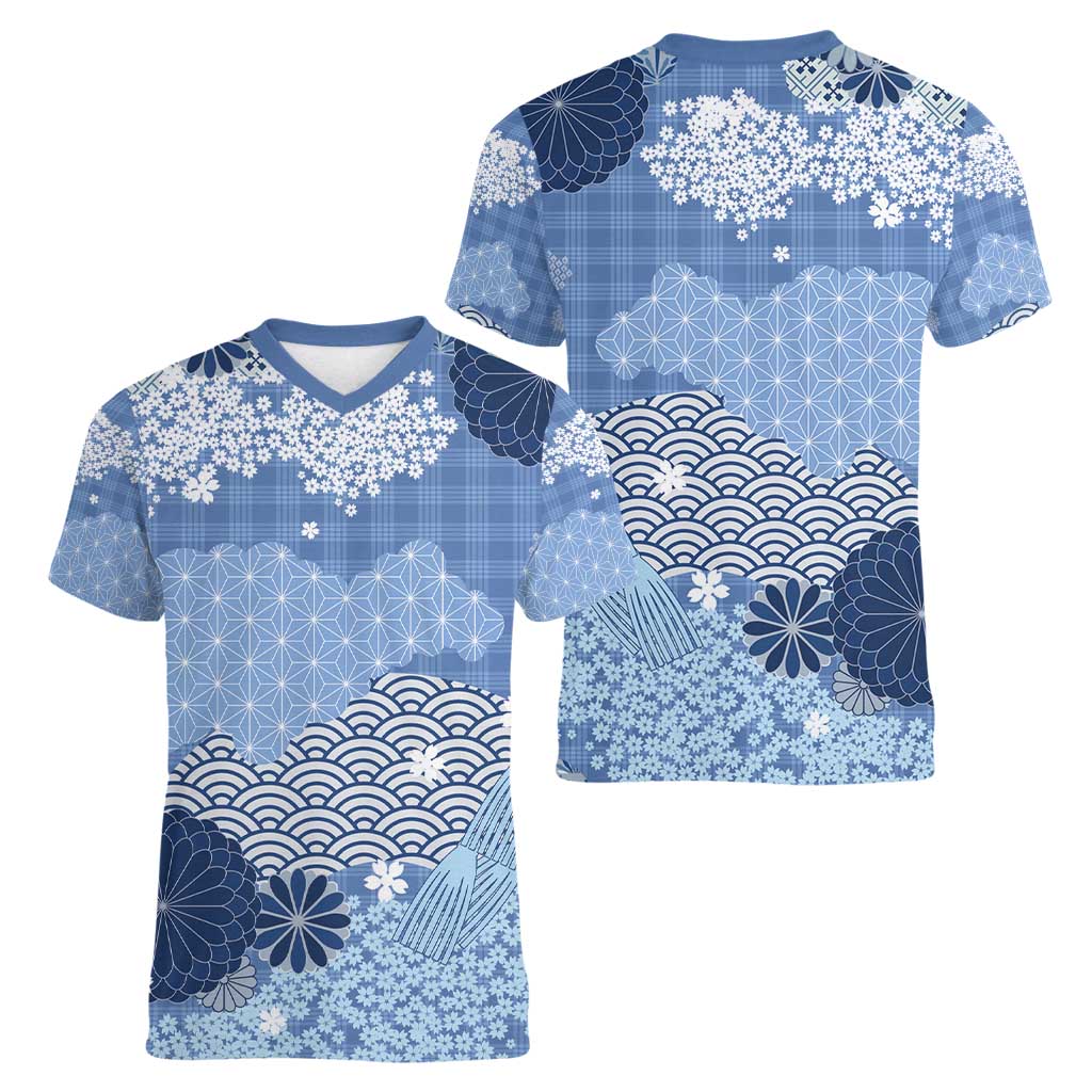 Blue Palaka Japanese Patterns Women V-Neck T-Shirt Asanoha Seigaiha Sakura Motif - Polynesian Pride