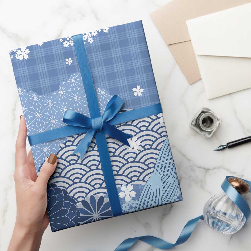 Blue Palaka Japanese Patterns Wrapping Paper Asanoha Seigaiha Sakura Motif - Polynesian Pride