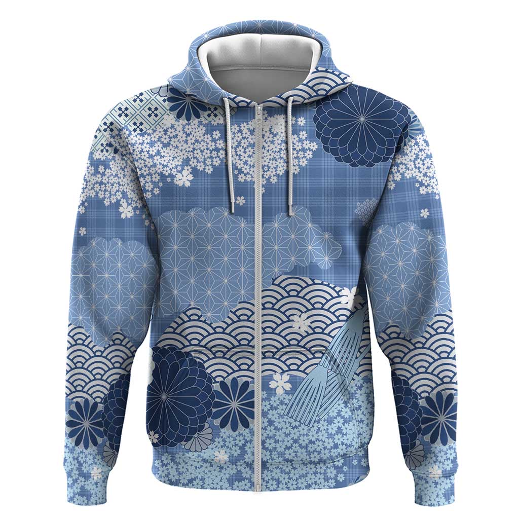 Blue Palaka Japanese Patterns Zip Hoodie Asanoha Seigaiha Sakura Motif LT14 Zip Hoodie Blue - Polynesian Pride