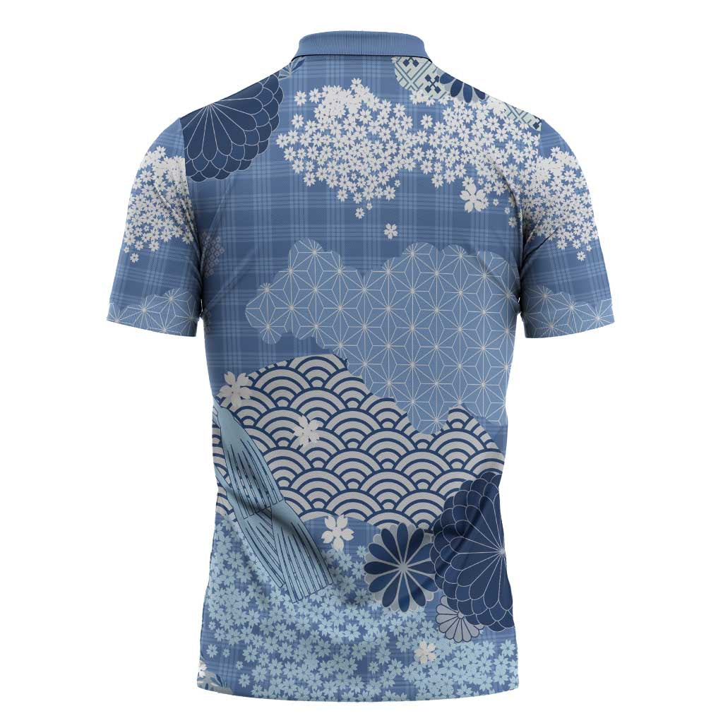 Blue Palaka Japanese Patterns Zipper Polo Shirt Asanoha Seigaiha Sakura Motif - Polynesian Pride