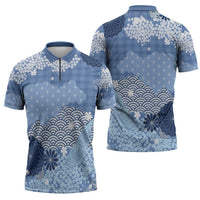 Blue Palaka Japanese Patterns Zipper Polo Shirt Asanoha Seigaiha Sakura Motif - Polynesian Pride