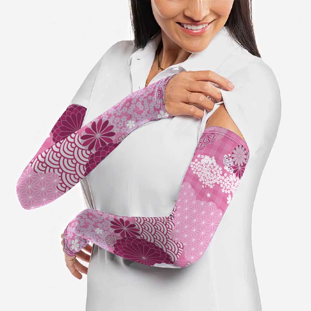Pink Palaka Japanese Patterns Arm Sleeves Asanoha Seigaiha Sakura Motif LT14 - Polynesian Pride