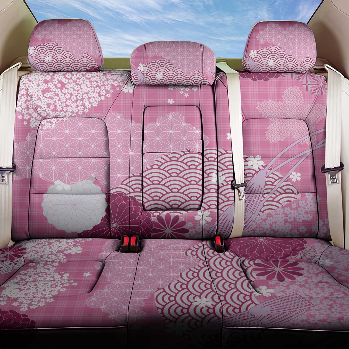 Pink Palaka Japanese Patterns Back Car Seat Cover Asanoha Seigaiha Sakura Motif - Polynesian Pride