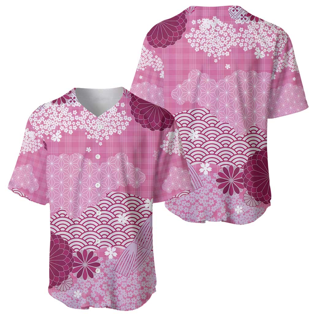 Pink Palaka Japanese Patterns Baseball Jersey Asanoha Seigaiha Sakura Motif - Polynesian Pride