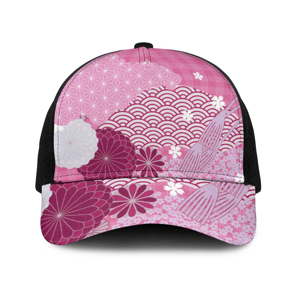 Pink Japanese Traditional Motifs Baseball Net Cap Palaka With Asanoha Seigaiha Sakura - Polynesian Pride