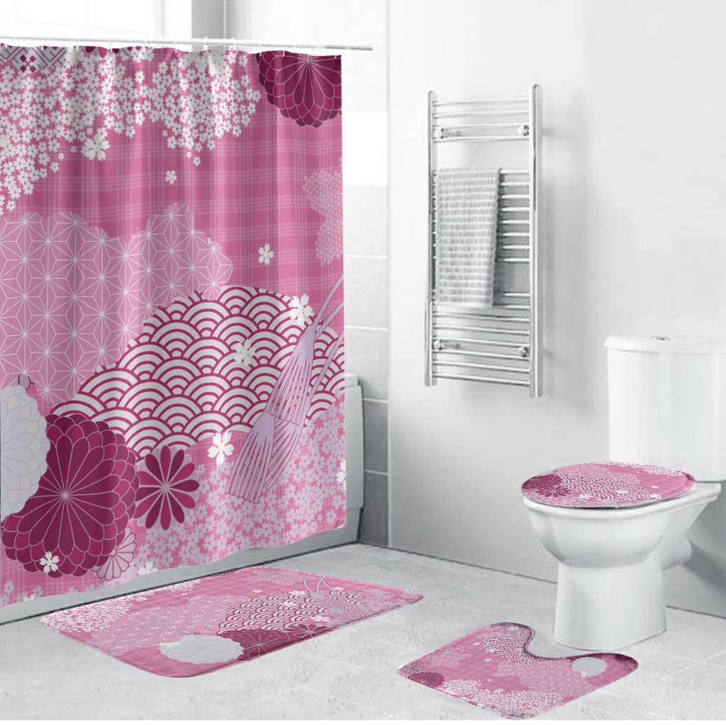 Pink Palaka Japanese Patterns Bathroom Set Asanoha Seigaiha Sakura Motif LT14 Bathroom Set (4 pcs) Pink - Polynesian Pride