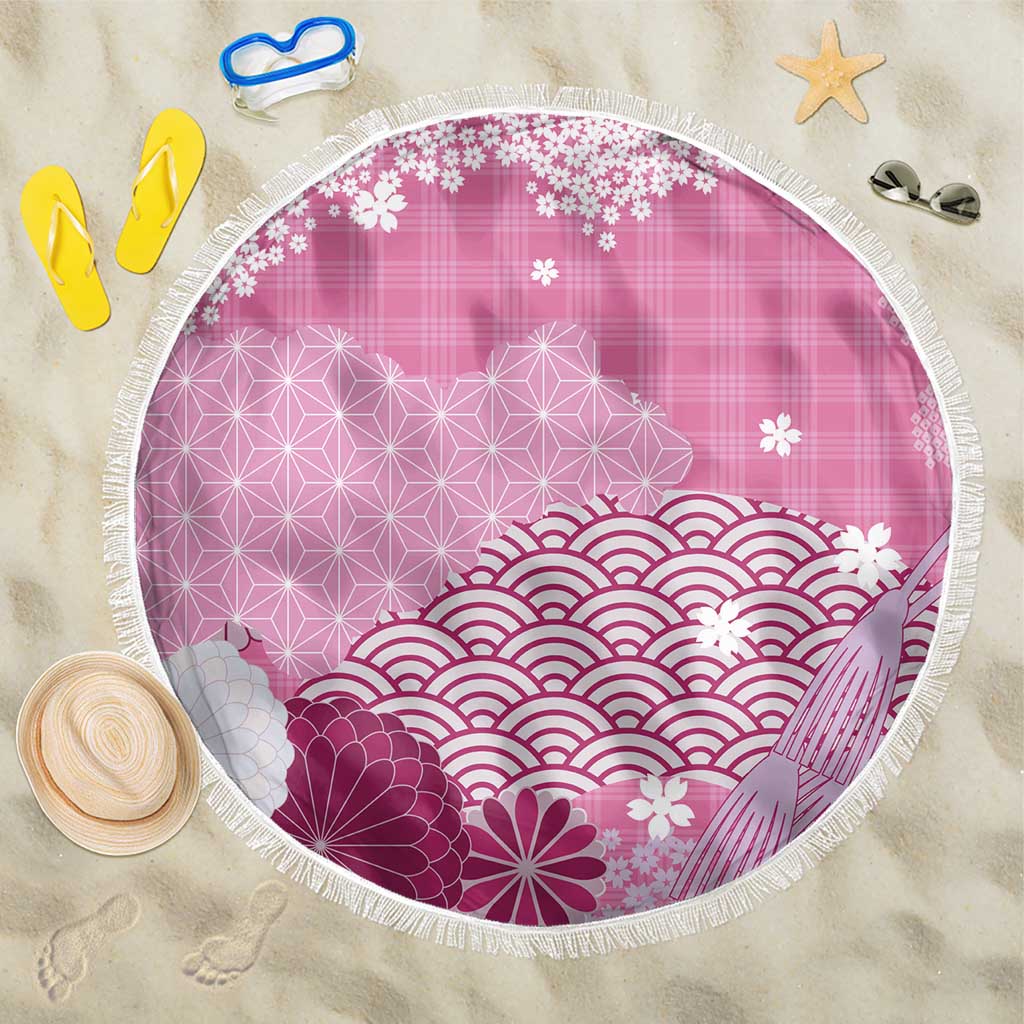 Pink Palaka Japanese Patterns Beach Blanket Asanoha Seigaiha Sakura Motif LT14 One Size 150cm Pink - Polynesian Pride