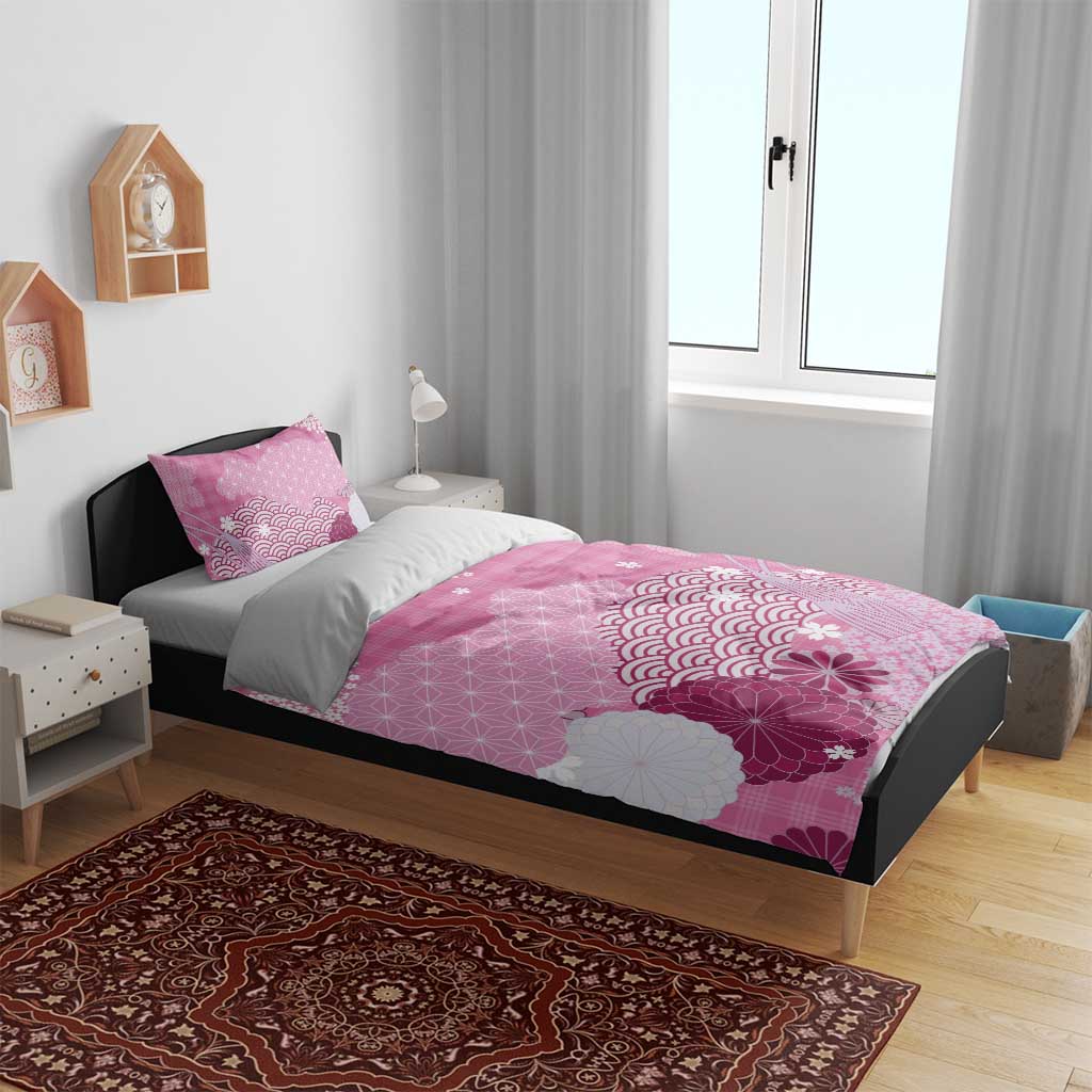 Pink Palaka Japanese Patterns Bedding Set Asanoha Seigaiha Sakura Motif - Polynesian Pride