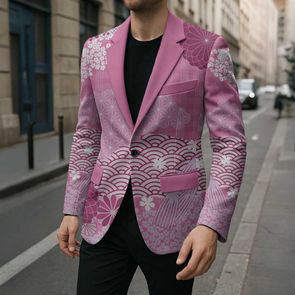 Pink Palaka Japanese Patterns Blazer Asanoha Seigaiha Sakura Motif - Polynesian Pride
