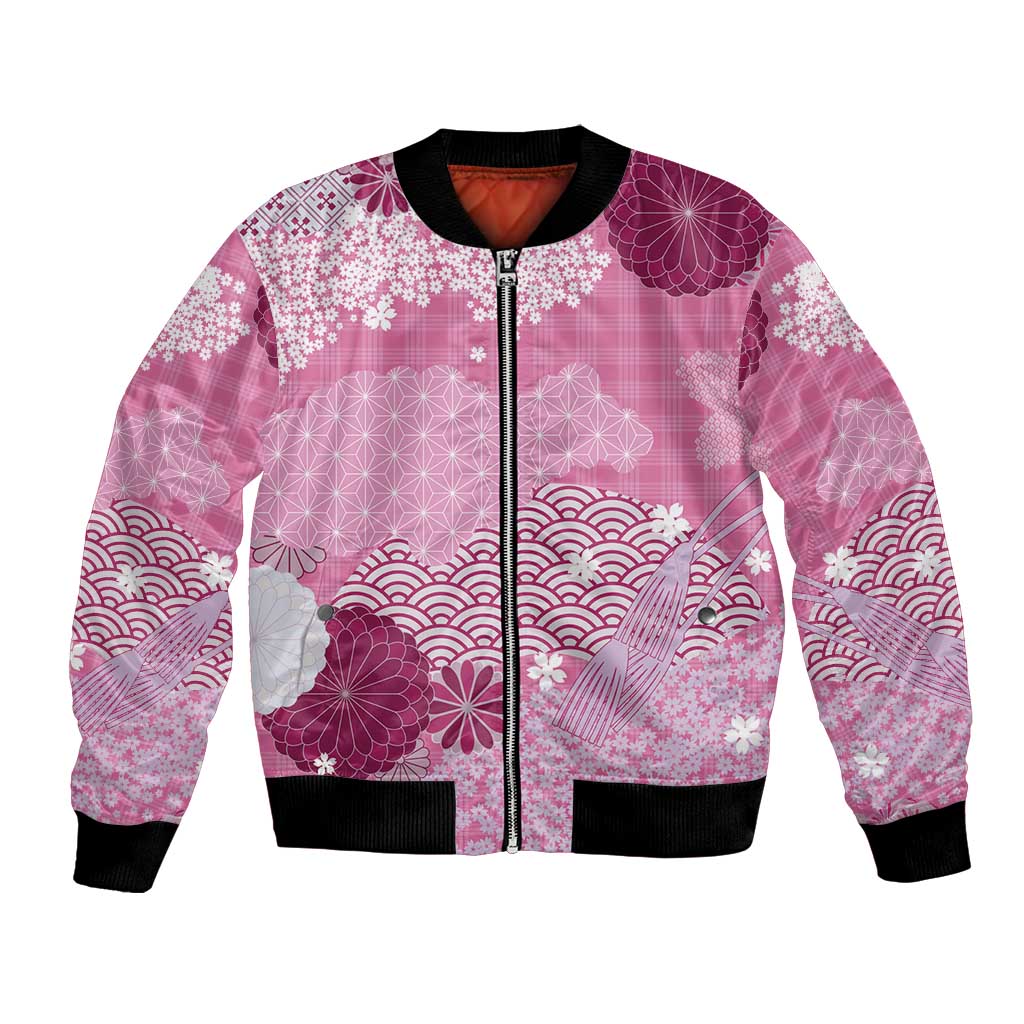 Pink Palaka Japanese Patterns Bomber Jacket Asanoha Seigaiha Sakura Motif LT14 Unisex Pink - Polynesian Pride