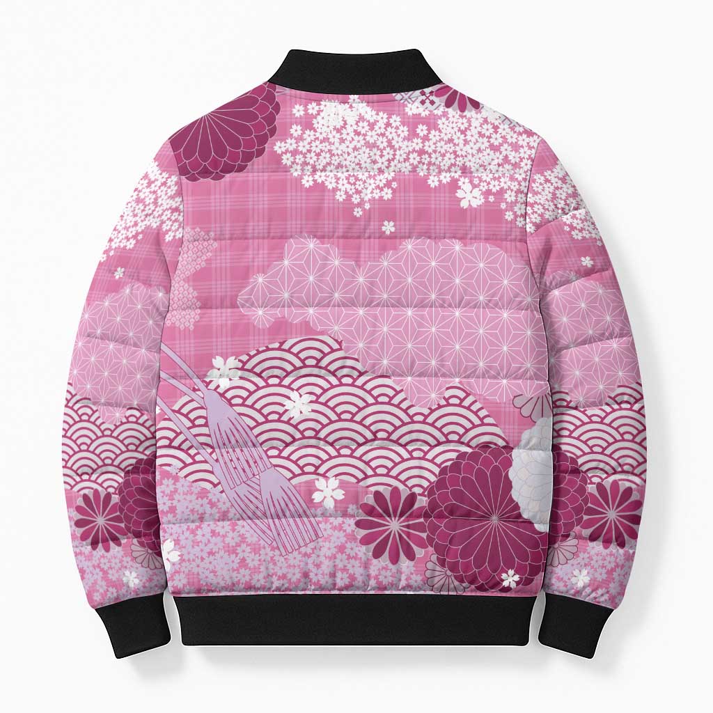 Pink Palaka Japanese Patterns Bomber Puffer Jacket Asanoha Seigaiha Sakura Motif LT14 - Polynesian Pride