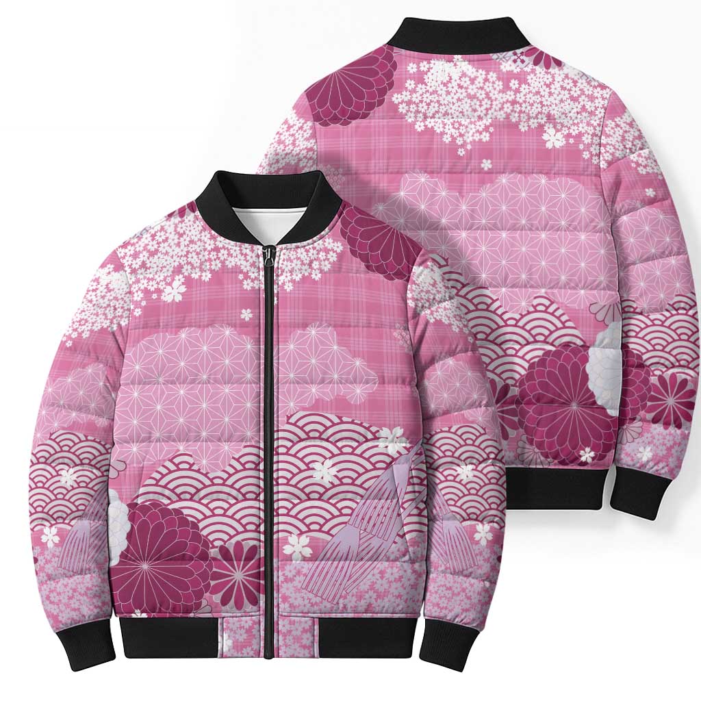 Pink Palaka Japanese Patterns Bomber Puffer Jacket Asanoha Seigaiha Sakura Motif LT14 - Polynesian Pride