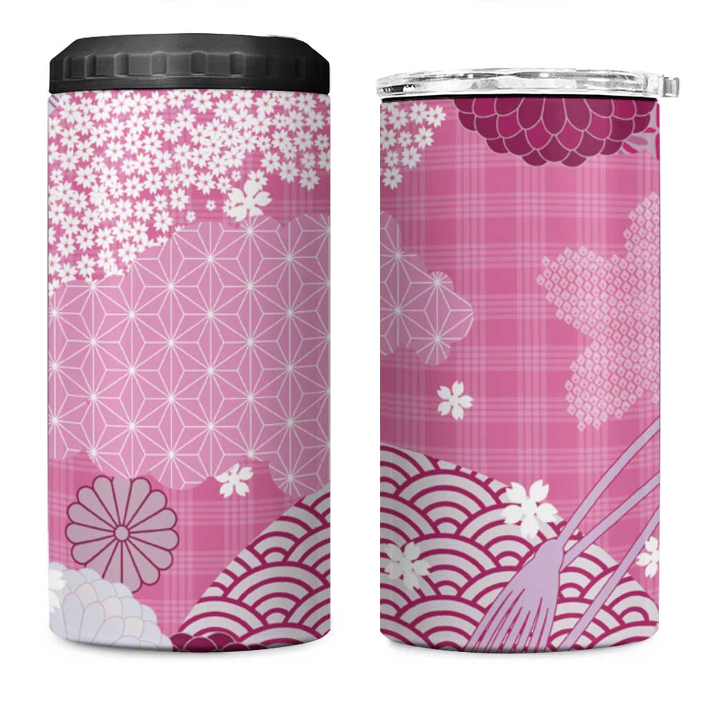 Pink Palaka Japanese Patterns 4 in 1 Can Cooler Tumbler Asanoha Seigaiha Sakura Motif - Polynesian Pride
