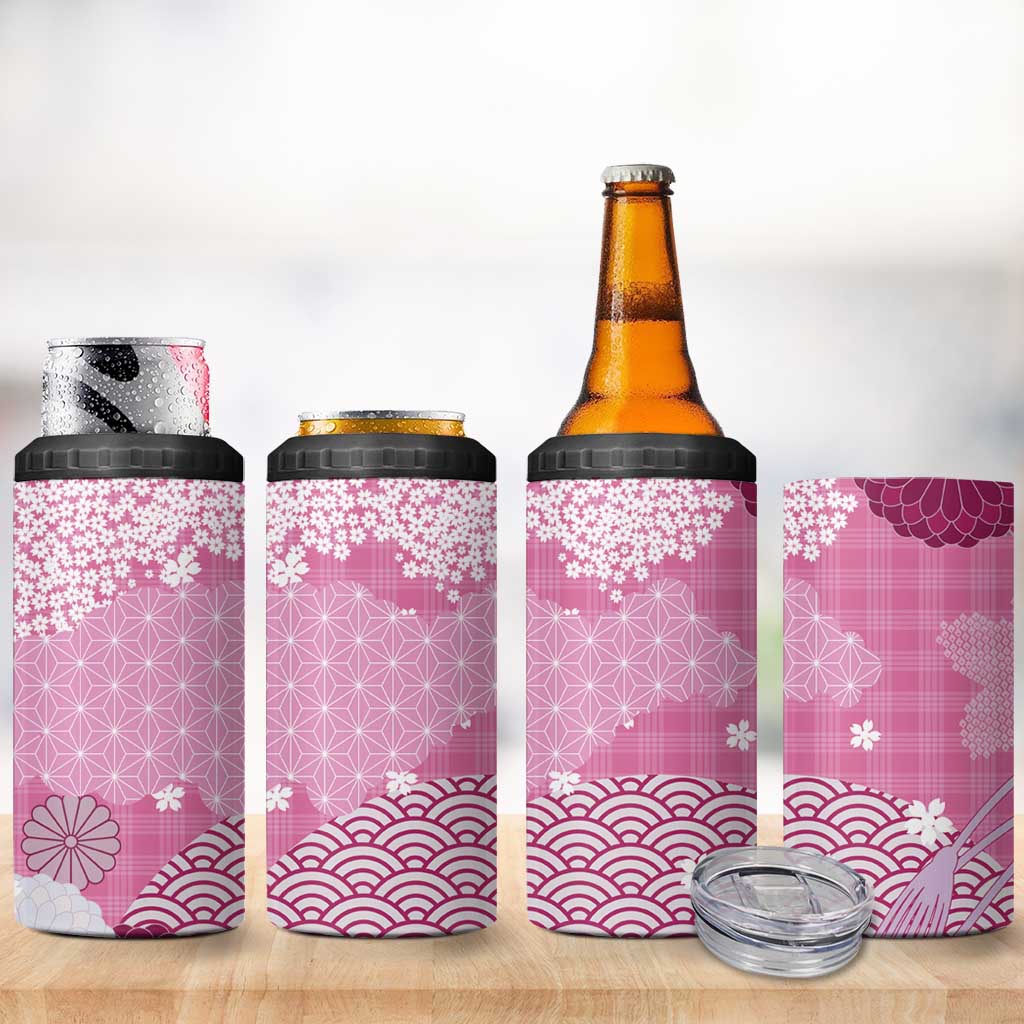 Pink Palaka Japanese Patterns 4 in 1 Can Cooler Tumbler Asanoha Seigaiha Sakura Motif - Polynesian Pride