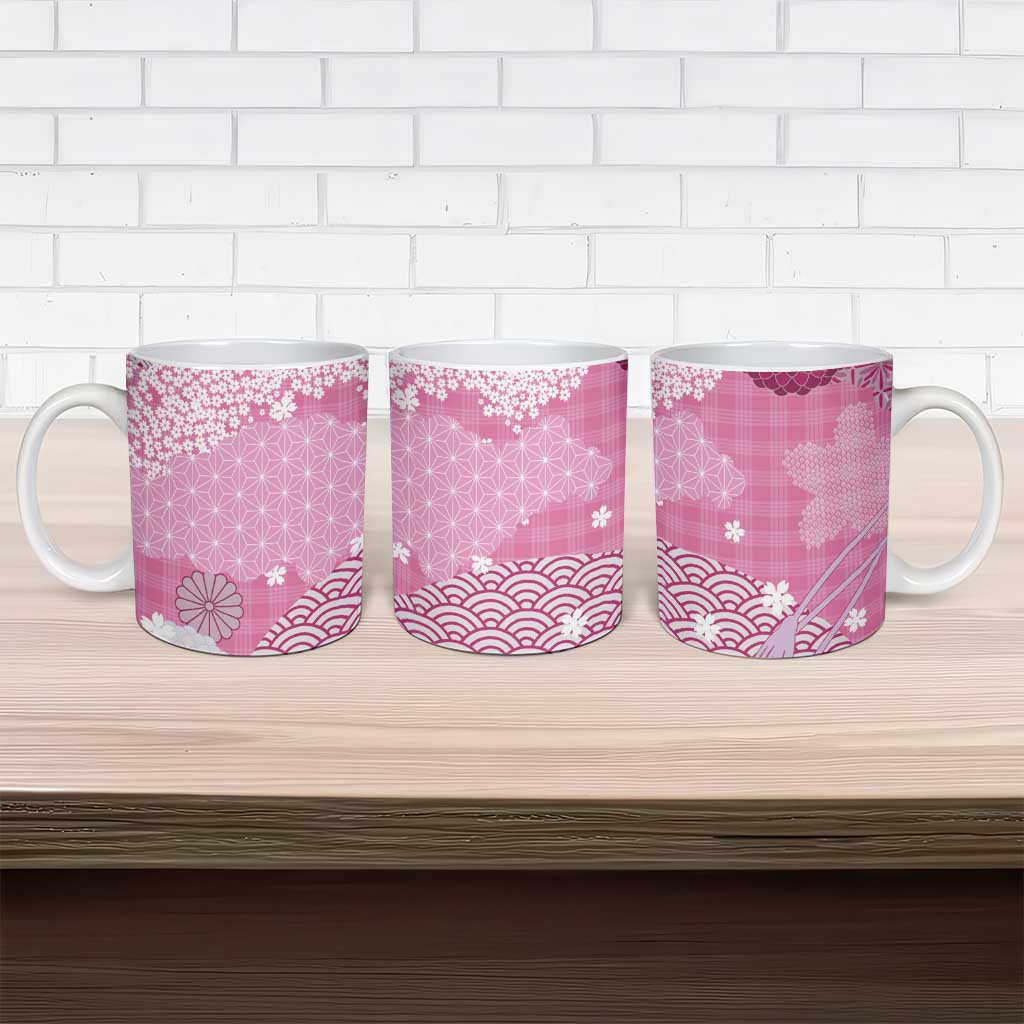 Pink Palaka Japanese Patterns Ceramic Mug Asanoha Seigaiha Sakura Motif - Polynesian Pride
