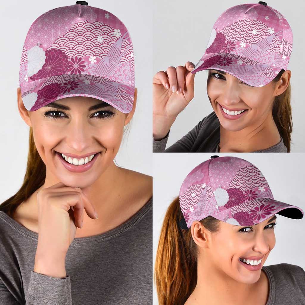 Pink Japanese Traditional Motifs Classic Cap Palaka With Asanoha Seigaiha Sakura - Polynesian Pride