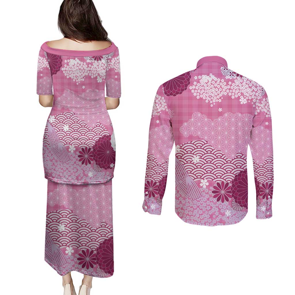 Pink Palaka Japanese Patterns Couples Matching Puletasi and Long Sleeve Button Shirt Asanoha Seigaiha Sakura Motif LT14 - Polynesian Pride