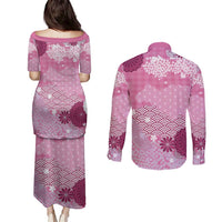 Pink Palaka Japanese Patterns Couples Matching Puletasi and Long Sleeve Button Shirt Asanoha Seigaiha Sakura Motif LT14 - Polynesian Pride