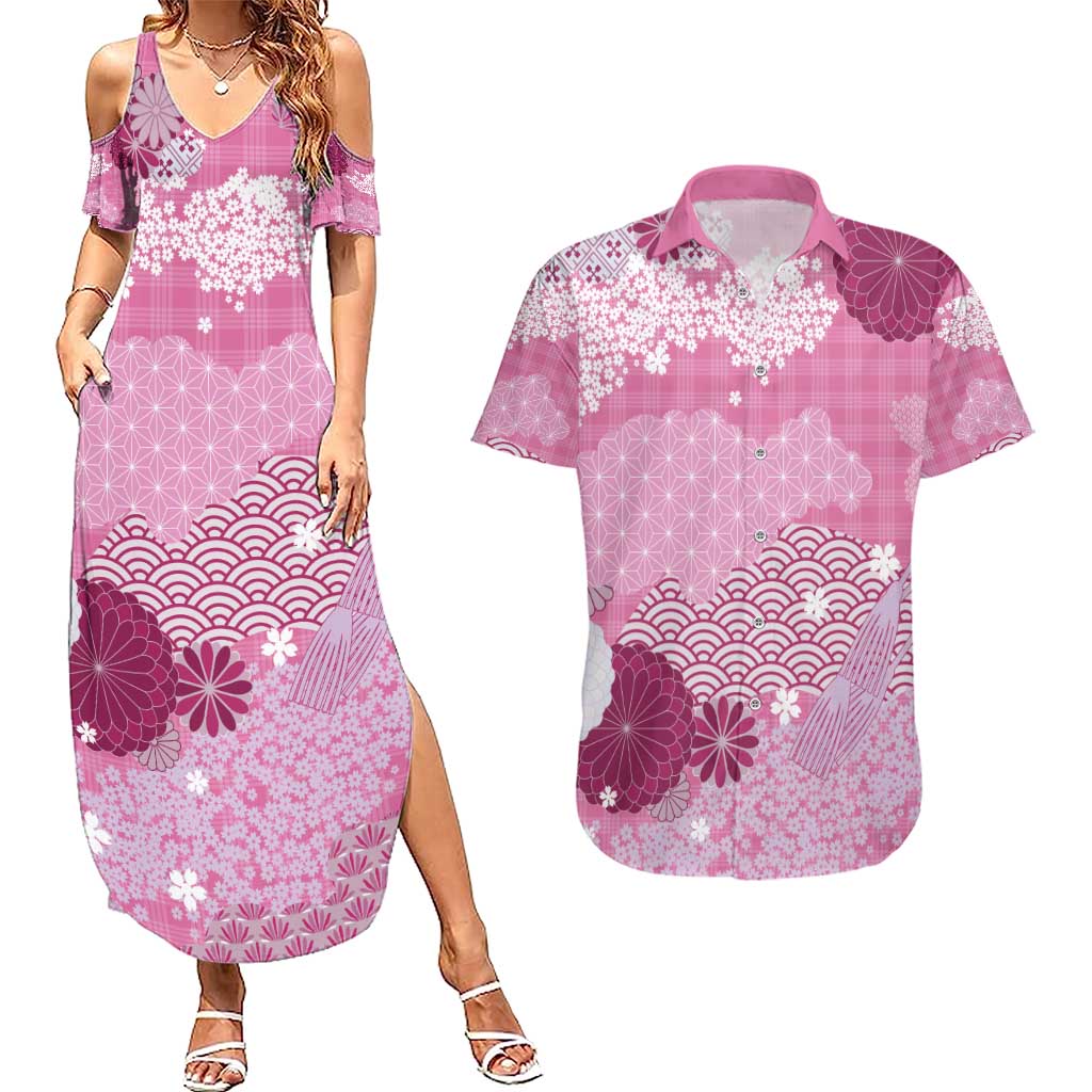 Pink Palaka Japanese Patterns Couples Matching Summer Maxi Dress and Hawaiian Shirt Asanoha Seigaiha Sakura Motif - Polynesian Pride