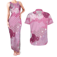 Pink Palaka Japanese Patterns Couples Matching Tank Maxi Dress and Hawaiian Shirt Asanoha Seigaiha Sakura Motif - Polynesian Pride