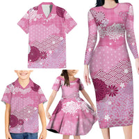 Pink Palaka Japanese Patterns Family Matching Long Sleeve Bodycon Dress and Hawaiian Shirt Asanoha Seigaiha Sakura Motif - Polynesian Pride
