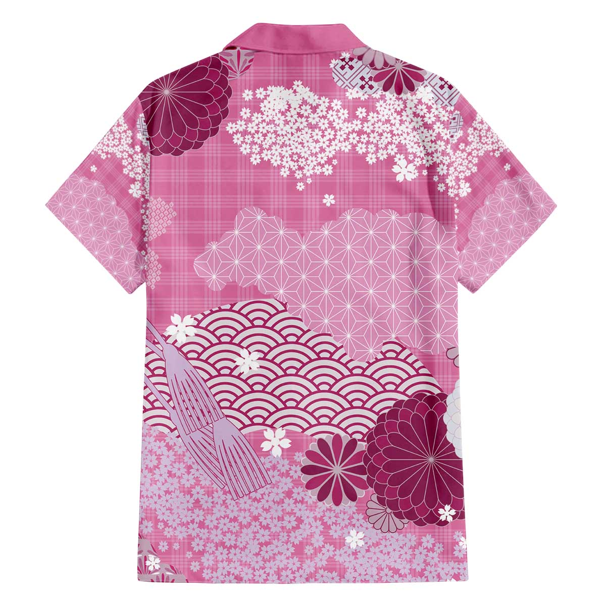 Pink Palaka Japanese Patterns Family Matching Off The Shoulder Long Sleeve Dress and Hawaiian Shirt Asanoha Seigaiha Sakura Motif - Polynesian Pride