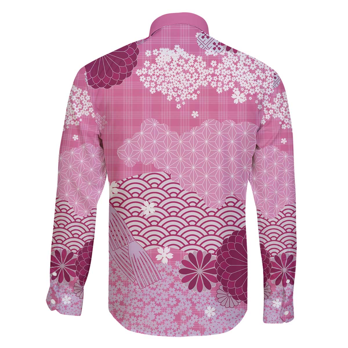 Pink Palaka Japanese Patterns Family Matching Off The Shoulder Long Sleeve Dress and Hawaiian Shirt Asanoha Seigaiha Sakura Motif - Polynesian Pride