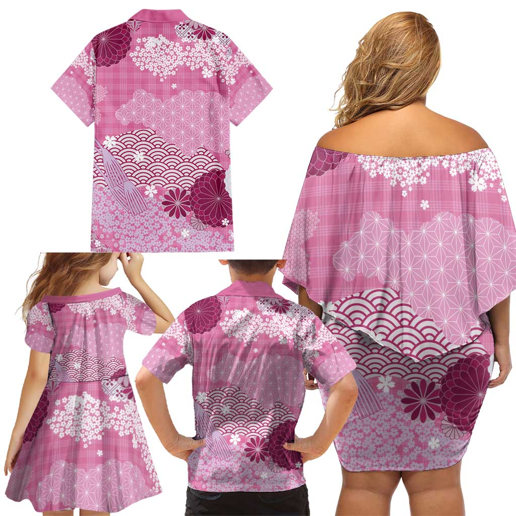 Pink Palaka Japanese Patterns Family Matching Off Shoulder Short Dress and Hawaiian Shirt Asanoha Seigaiha Sakura Motif - Polynesian Pride