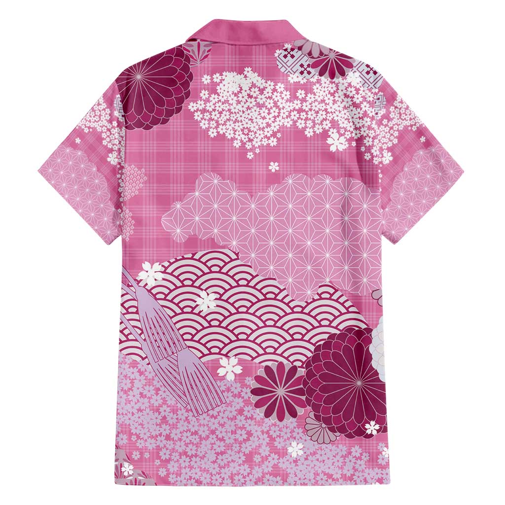 Pink Palaka Japanese Patterns Family Matching Off Shoulder Short Dress and Hawaiian Shirt Asanoha Seigaiha Sakura Motif - Polynesian Pride