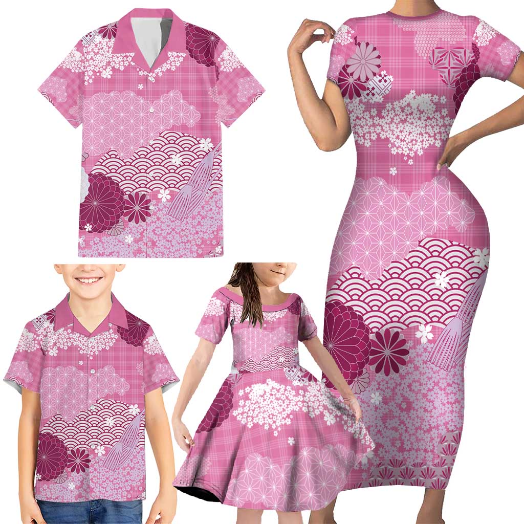 Pink Palaka Japanese Patterns Family Matching Short Sleeve Bodycon Dress and Hawaiian Shirt Asanoha Seigaiha Sakura Motif - Polynesian Pride