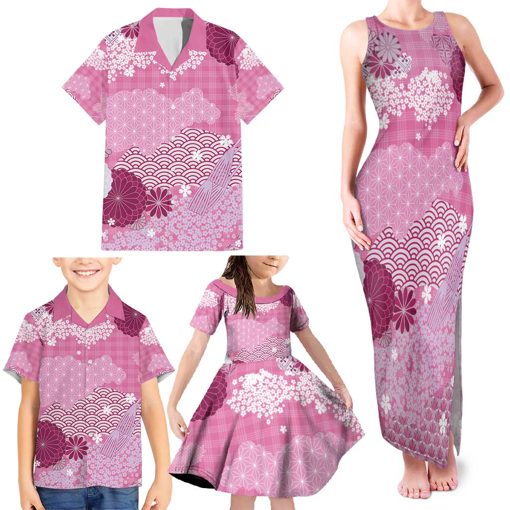 Pink Palaka Japanese Patterns Family Matching Tank Maxi Dress and Hawaiian Shirt Asanoha Seigaiha Sakura Motif - Polynesian Pride