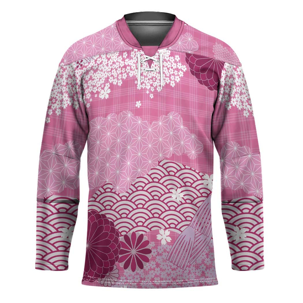 Pink Palaka Japanese Patterns Hockey Jersey Asanoha Seigaiha Sakura Motif LT14 Unisex Pink - Polynesian Pride