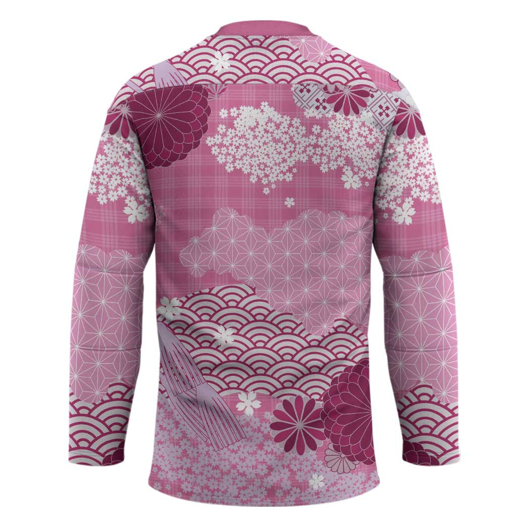 Pink Palaka Japanese Patterns Hockey Jersey Asanoha Seigaiha Sakura Motif - Polynesian Pride