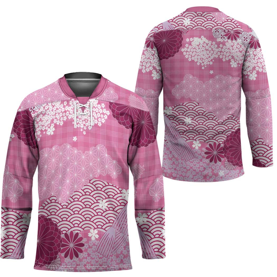 Pink Palaka Japanese Patterns Hockey Jersey Asanoha Seigaiha Sakura Motif - Polynesian Pride