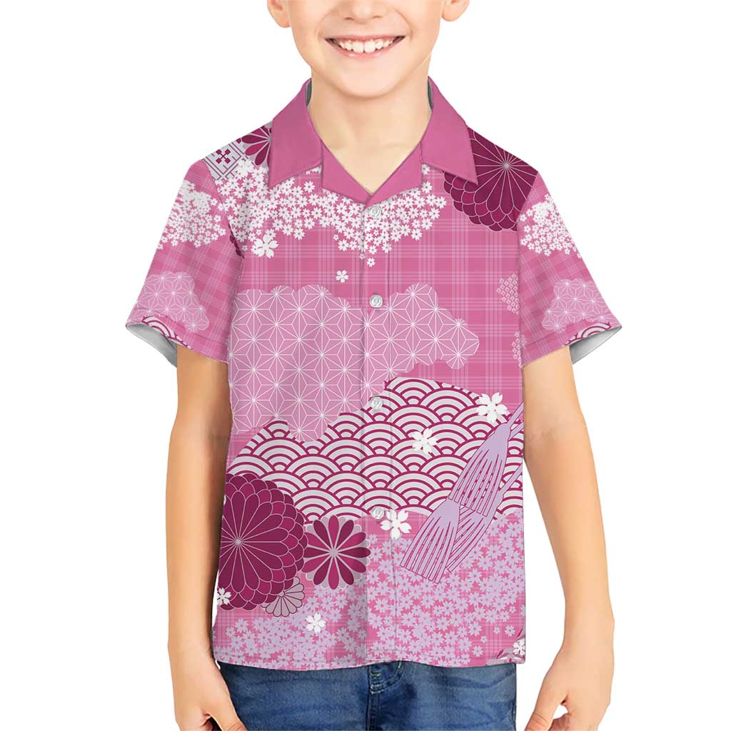 Pink Palaka Japanese Patterns Kid Hawaiian Shirt Asanoha Seigaiha Sakura Motif LT14 Kid Pink - Polynesian Pride