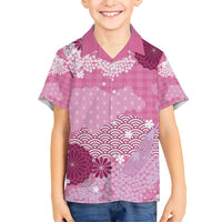 Pink Palaka Japanese Patterns Kid Hawaiian Shirt Asanoha Seigaiha Sakura Motif LT14 Kid Pink - Polynesian Pride