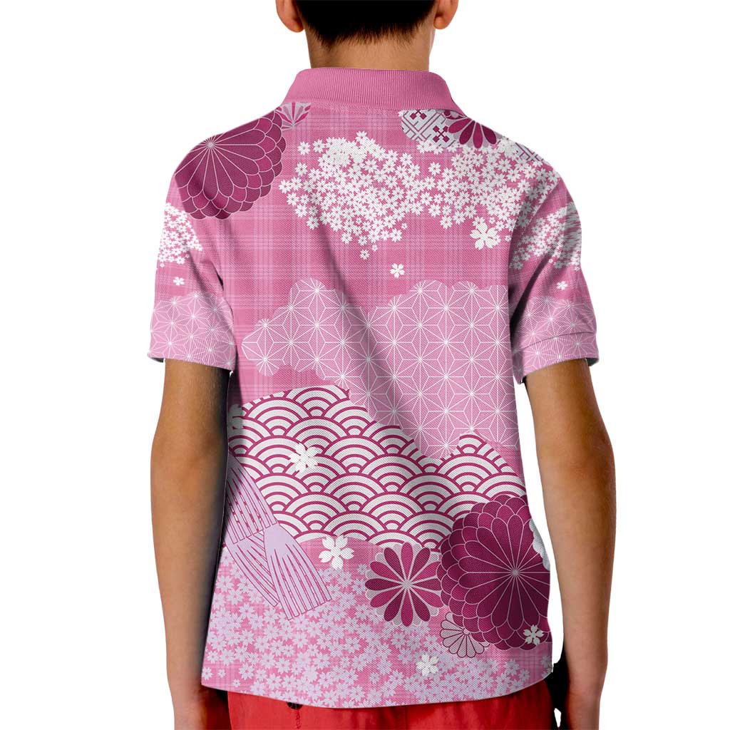 Pink Palaka Japanese Patterns Kid Polo Shirt Asanoha Seigaiha Sakura Motif - Polynesian Pride