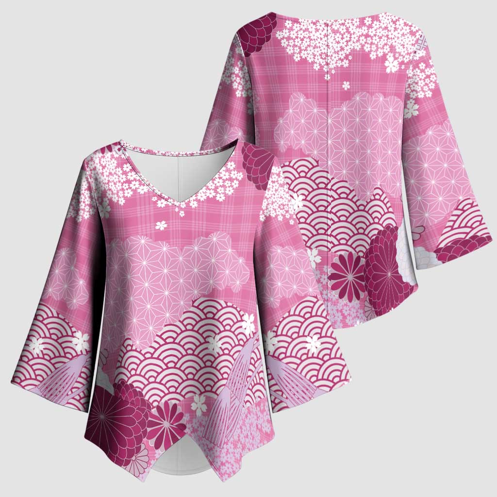 Pink Palaka Japanese Patterns Kimono Sleeve Blouse Asanoha Seigaiha Sakura Motif - Polynesian Pride