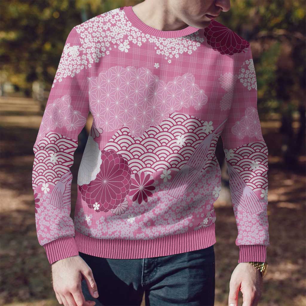 Pink Palaka Japanese Patterns Ugly Christmas Sweater Asanoha Seigaiha Sakura Motif - Polynesian Pride