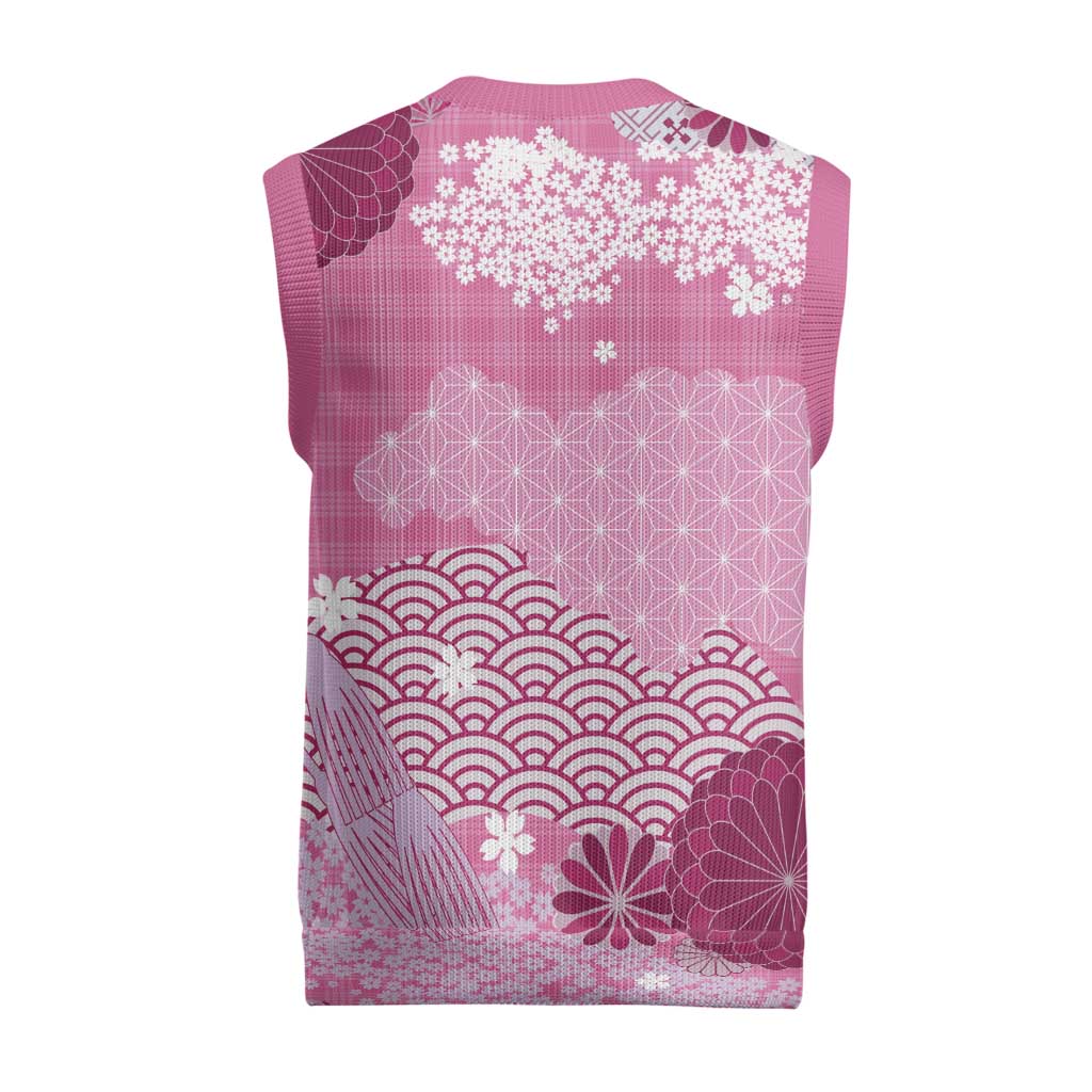 Pink Palaka Japanese Patterns Christmas Knitted V-Neck Vest Asanoha Seigaiha Sakura Motif - Polynesian Pride
