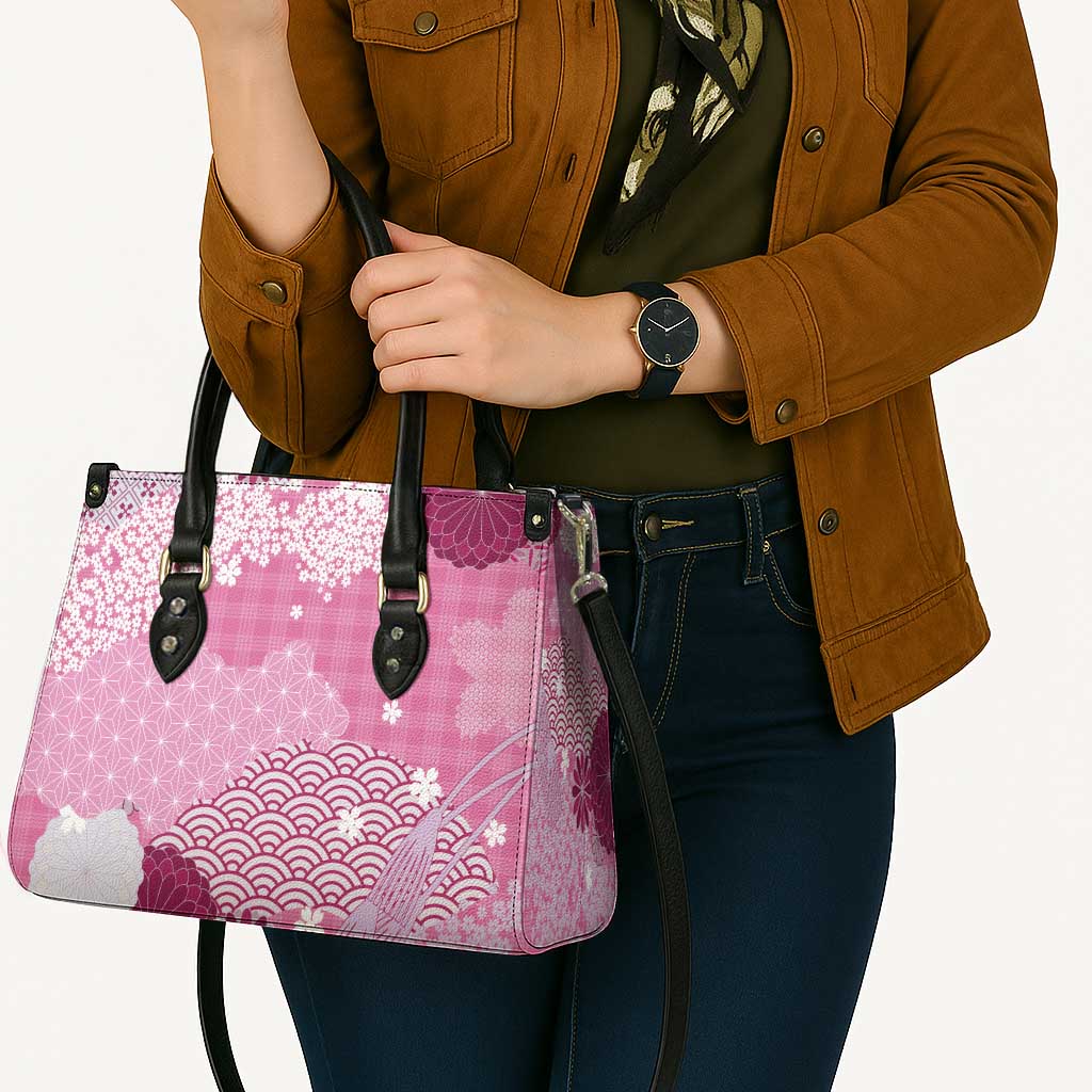 Pink Palaka Japanese Patterns Leather Bag Asanoha Seigaiha Sakura Motif - Polynesian Pride