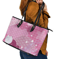 Pink Palaka Japanese Patterns Leather Tote Bag Asanoha Seigaiha Sakura Motif - Polynesian Pride