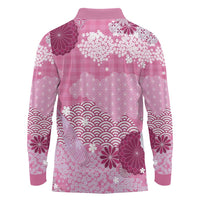 Pink Palaka Japanese Patterns Long Sleeve Polo Shirt Asanoha Seigaiha Sakura Motif - Polynesian Pride