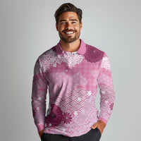 Pink Palaka Japanese Patterns Long Sleeve Polo Shirt Asanoha Seigaiha Sakura Motif - Polynesian Pride